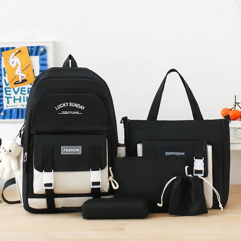 

Набор холщовых рюкзаков из 5 предметов. Стильная школьная сумка большой вместимости, включая рюкзак, большую сумку, пенал, сумку для аксессуаров и квадратную сумку на плечо. 45x13x31cm белый/чёрный