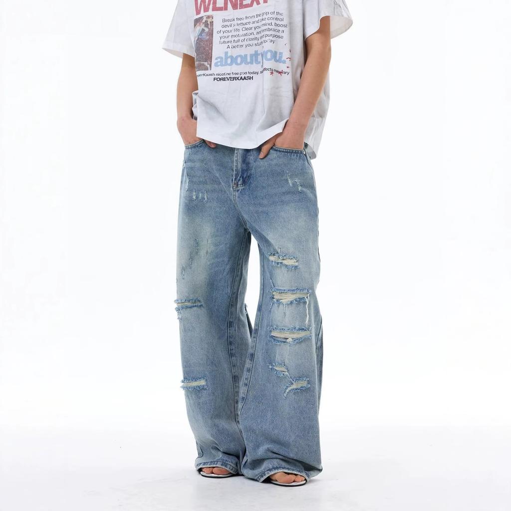 American Ripped Wide-leg Jeans Men's Spring New Thin Loose Retro Mopping Straight Pants