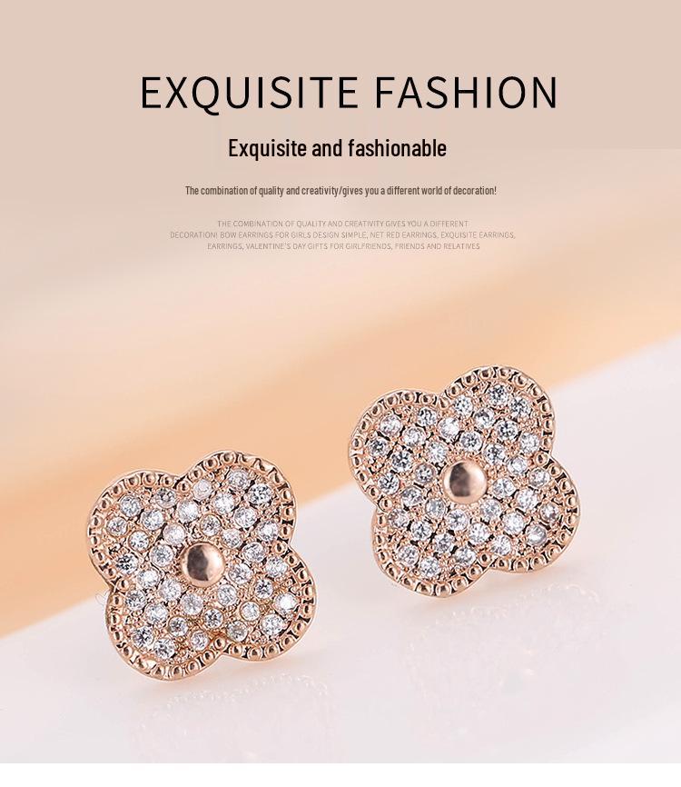 Micro Four-Leaf Clover Copper Needle Ear Studs with Rhinestones - Sweet, Girly Jewelry Niche Earrings In Stock