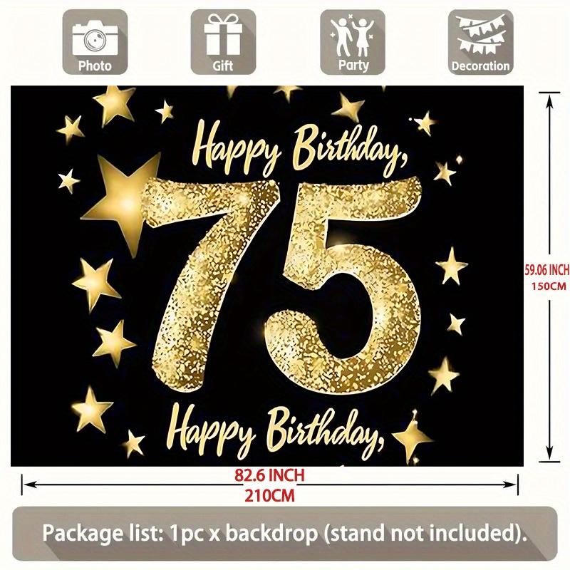 Happy 75th Birthday Golden & Gold Design, 1pc Polyester Party Backdrop Banner, Photo Booth Background, Wall Decor