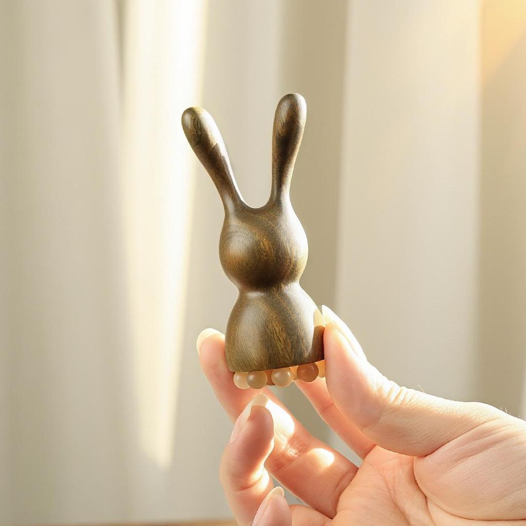 Green Sandalwood Lotus Head Massage Comb - Cute Rabbit Design for Women's Eye Acupoint and Meridian Relief.