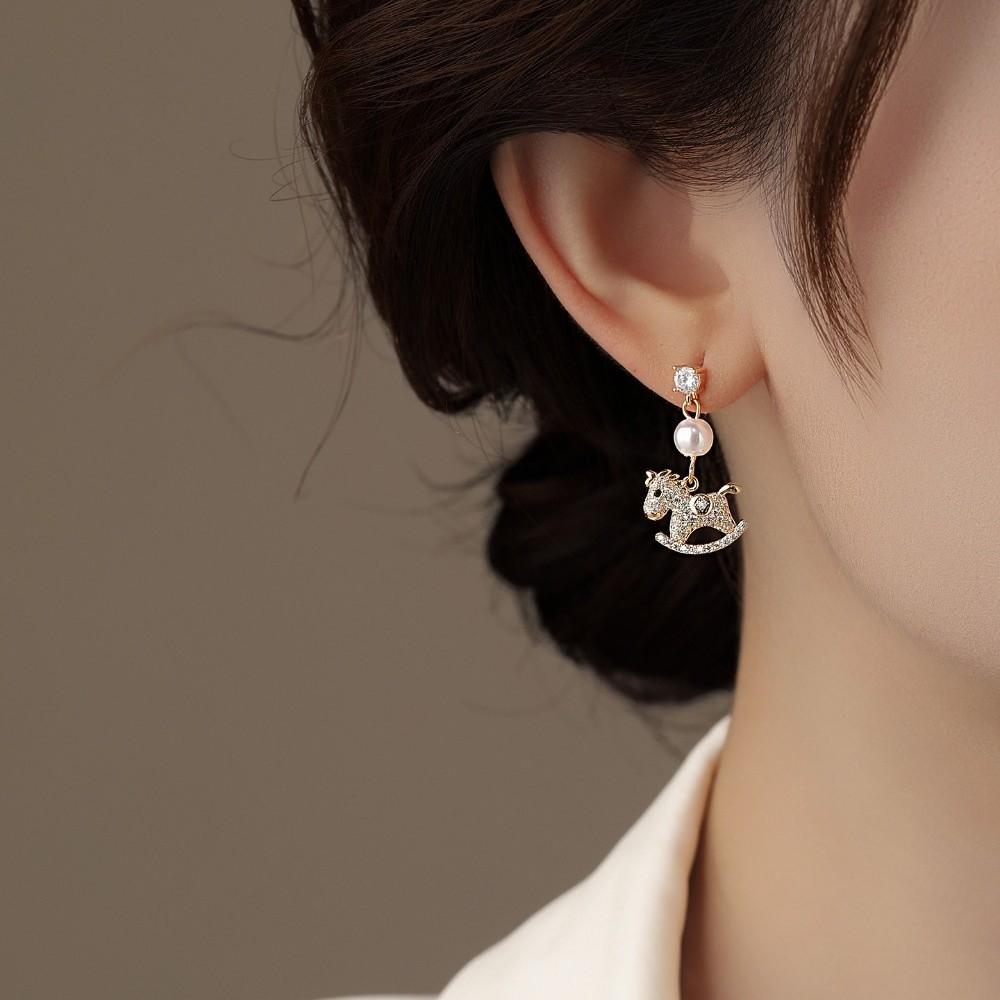 Pearl Gold Pony Earrings Zircon Horse Mascot Drop Earrings  Year of Horse Gift
