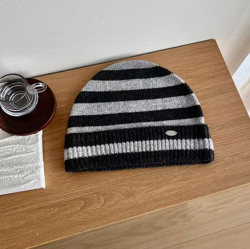 Autumn and Winter Versatile Striped Cold Hat Knitted Wool Hat Thickened Warm Hat Wool Hat High Quality Ear Hat