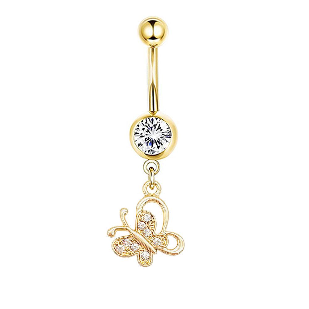 1Pcs Stainless Steel Long Navel Nail Butterfly Heart Five-pointed Star Pendant Navel Ring Piercing Jewelry
