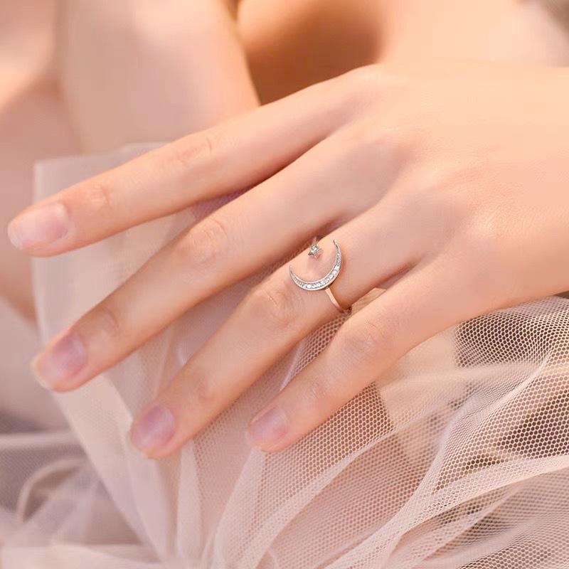 Beixi s925 Sterling Silver Star & Moon Open Ring for Women - Chic & Elegant Design for Daily Wear