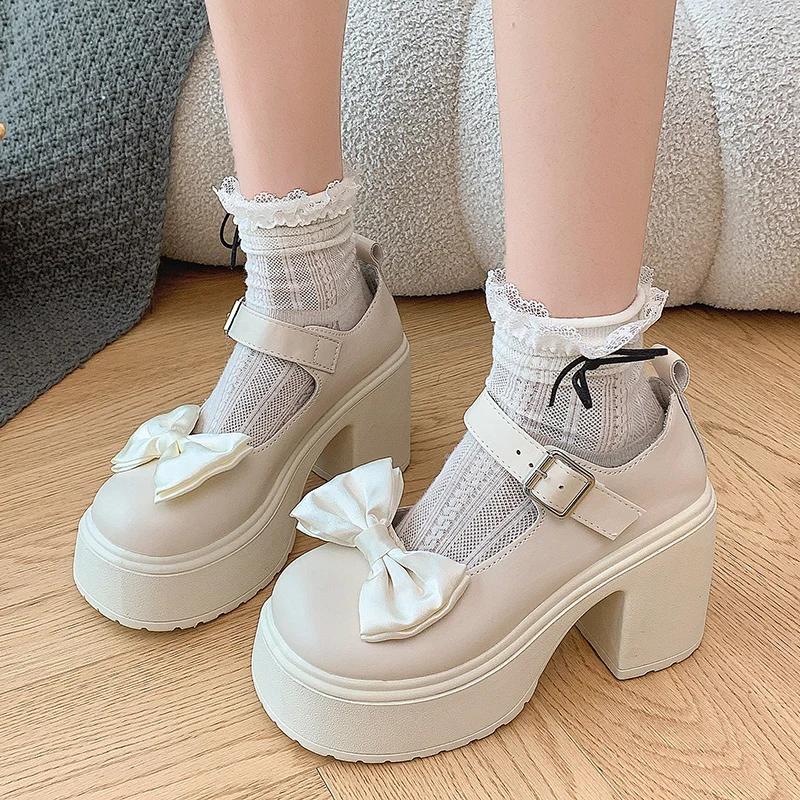 Fashion 2025New Chunky Heel Shoes Spring Round Head Shallow Mouth Bow One Word Buckle Waterproof Platform Anti-slip Wear  Jane Shoes