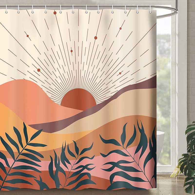 Boho Shower Curtain, Orange Bohemian Mid Century Modern Shower Curtain, Abstract Blue Leaves Plant Grey Minimalist Bathroom Decor Bath Curtain