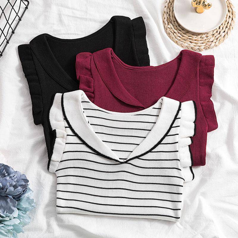 Vest Women's Summer Outerwear V-neck Knitted Ice Silk Sexy Little Fly Sleeves Ruffle Edge Striped Sleeveless Top Backless T-shirt Trendy