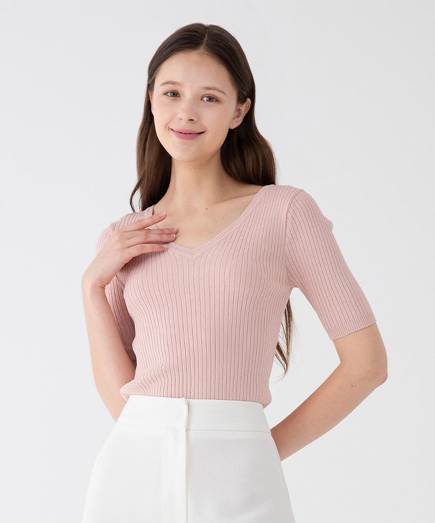 SOUP V-Neck Slim Crop Sleeve Knit (Oy5Skc1)