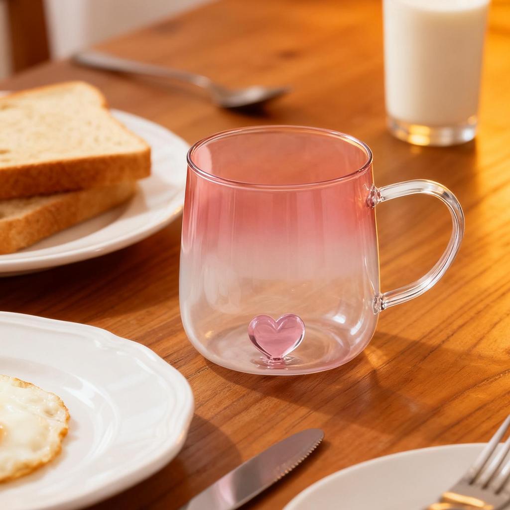 Glass Coffee Cups Gradient Water Bottle Jar with 3D Heart 400ml Glass Coffee Cup for Travel Christmas Kitchen Bar Latte House