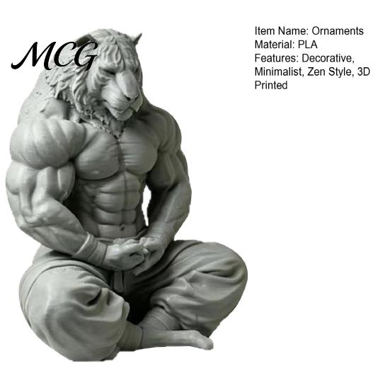 Soft Furnishing Accessory 3D Printed Tiger Man Figurine, Muscular Figure Ornament, Minimalist Animal Sculpture with Details, Zen Posture Desktop Decor