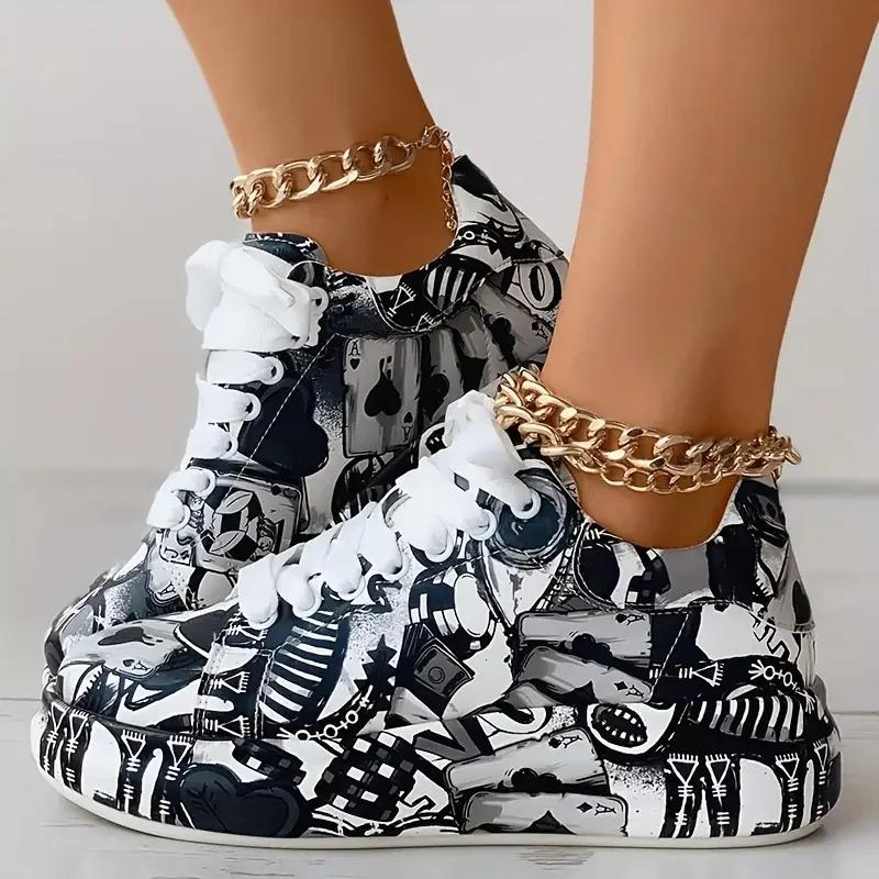 Women's Sneaker Thick-soled Shoes 2026 New Summer Hand-painted Graffiti Shoes for Women Outdoor Casual Sneakers Zapatos De Mujer