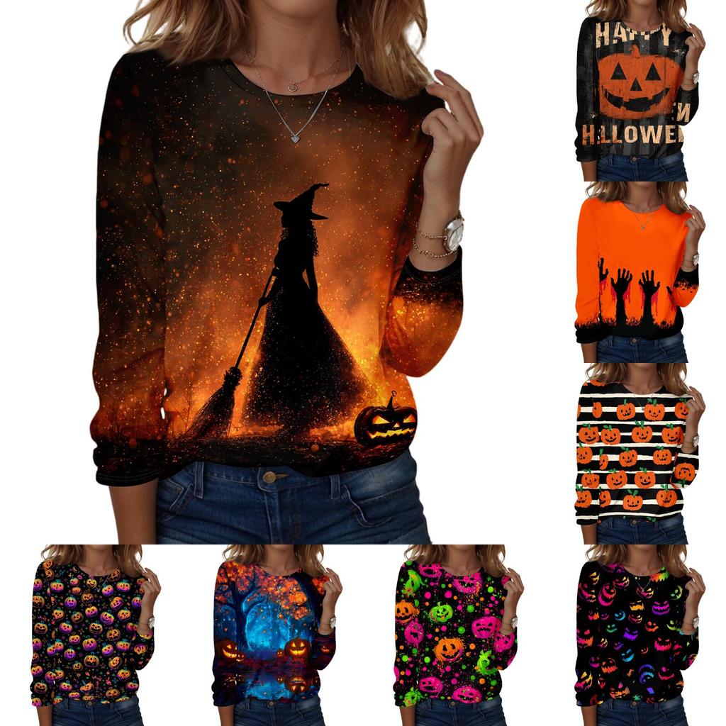 Women's Halloween Printed Pullover Sweatshirt Long Sleeve Crew Neck Casual Top for Fall and Winter Seasonal Wear