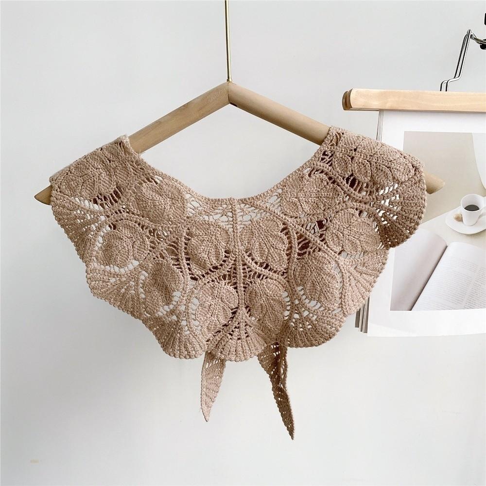 Sweet Solid Color Crochet Detachable Collar Korean Style with Knot Design Leaf Pattern Shawl Hollowed-out Thin Shawl Summer