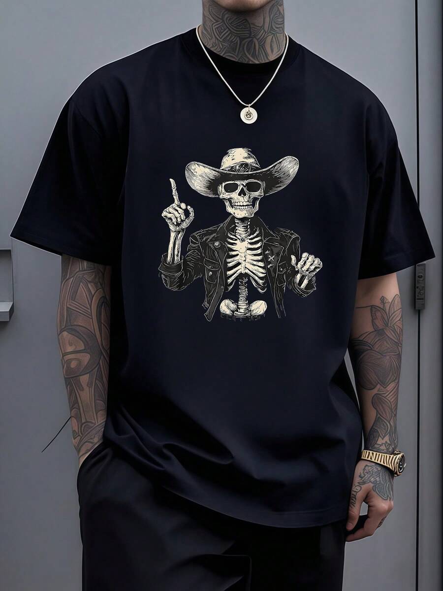 

Skeleton Cowboy In Leather Jacket Raising One Finger Symbolizing Bold Attitude And Fearless Spirit Graphic Unisex T-Shirt XXXL