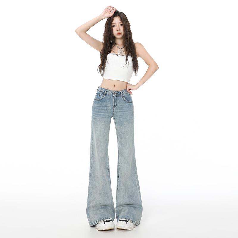 Spice Girl Light Blue Low Waist Slightly Pulled Jeans Women's Summer New Loose and Skinny Legs Flared Pants