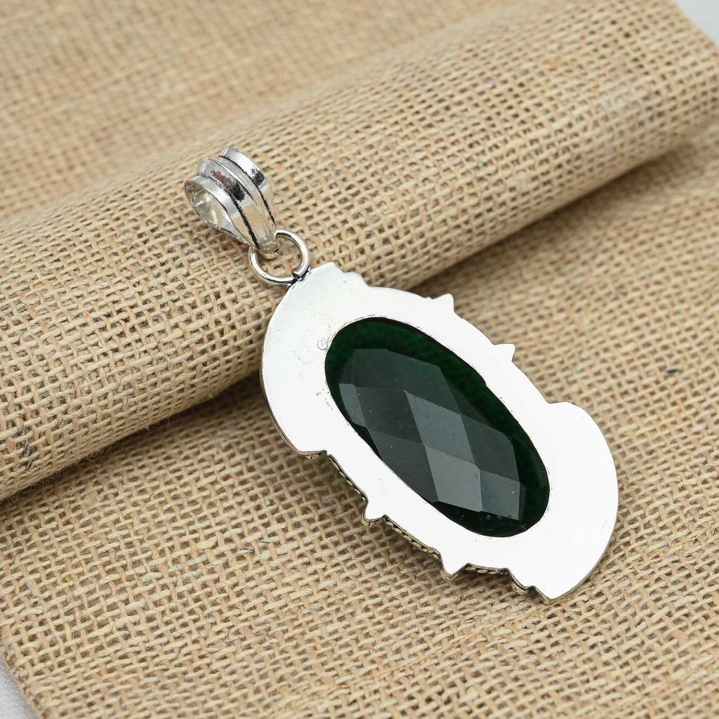 Faceted Green Onyx Gemstone 925 Sterling Silver Oval Shaped Handmade Pendant For Her