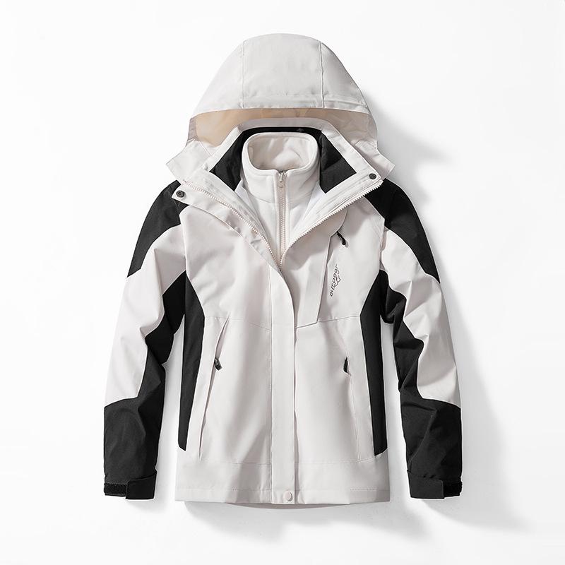 New Blue Three-in-One Stretch Waterproof Breathable Windbreaker Mountaineering Suit with Print for Autumn and Winter.
