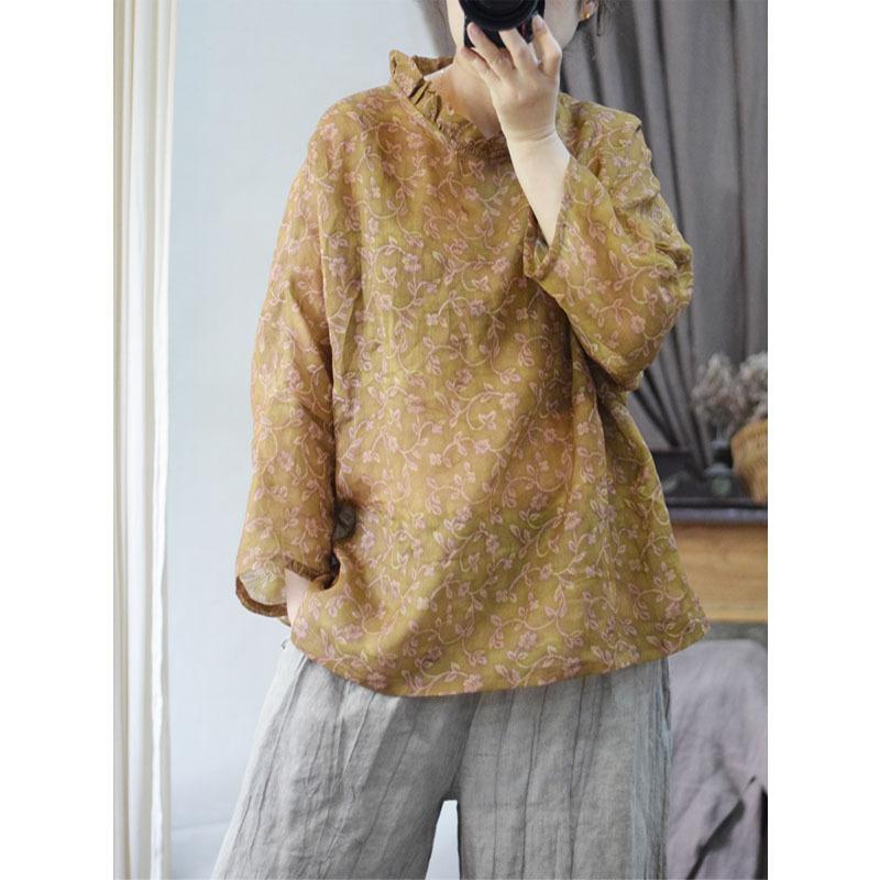 

Johnature Женская весенняя винтажная футболка с v-образным вырезом, свободная индивидуальная футболка в стиле ретро с длинными рукавами One Size жёлтый