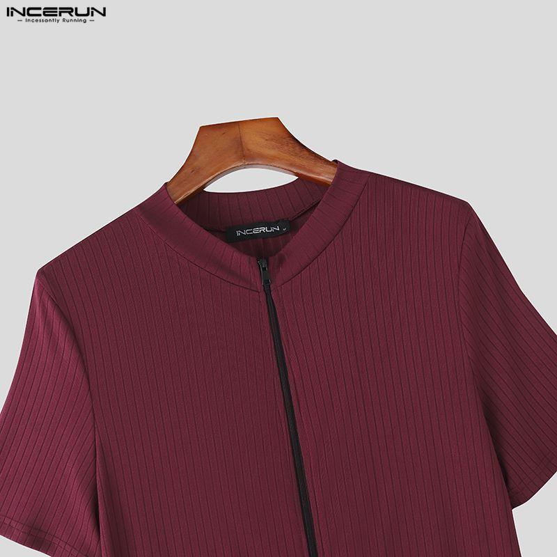 INCERUN Men Short Sleeve Zip-up Rib Jumpsuits Rompers Underwear
