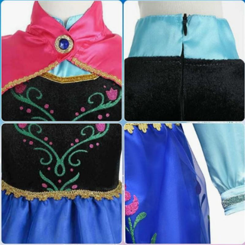 Frozen Anna Cosplay Dress Girls Princess Costume Long Sleeve Satin With Floral Print Kids Party Performance