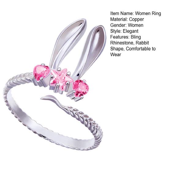 Women Ring Opening Cute Sweet Valentine's Day Gift Pink Rhinestone Embedded Rabbit Finger Ring