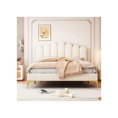 Lit Double - - 140 X 200 Cm - Velours Beige - Tête De Lit Réglable