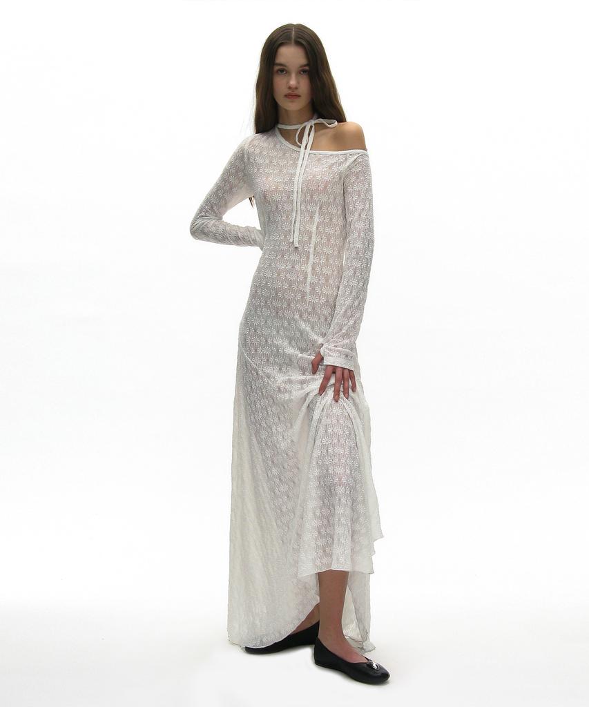 Partimento Woman Sheer Lace Tie-Neck Maxi Dress_White
