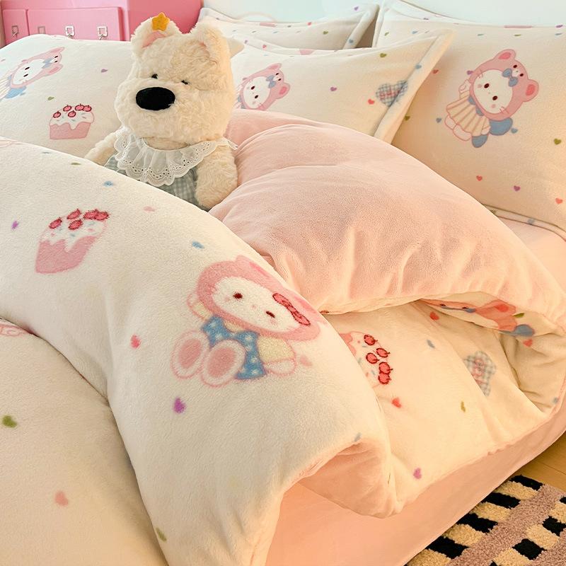 Cartoon Thickened Milk Fleece Coral Fleece Bed Four-Piece Set Fleece Flannel Quilt Cover Children'S Bed Single Three-Piece Set