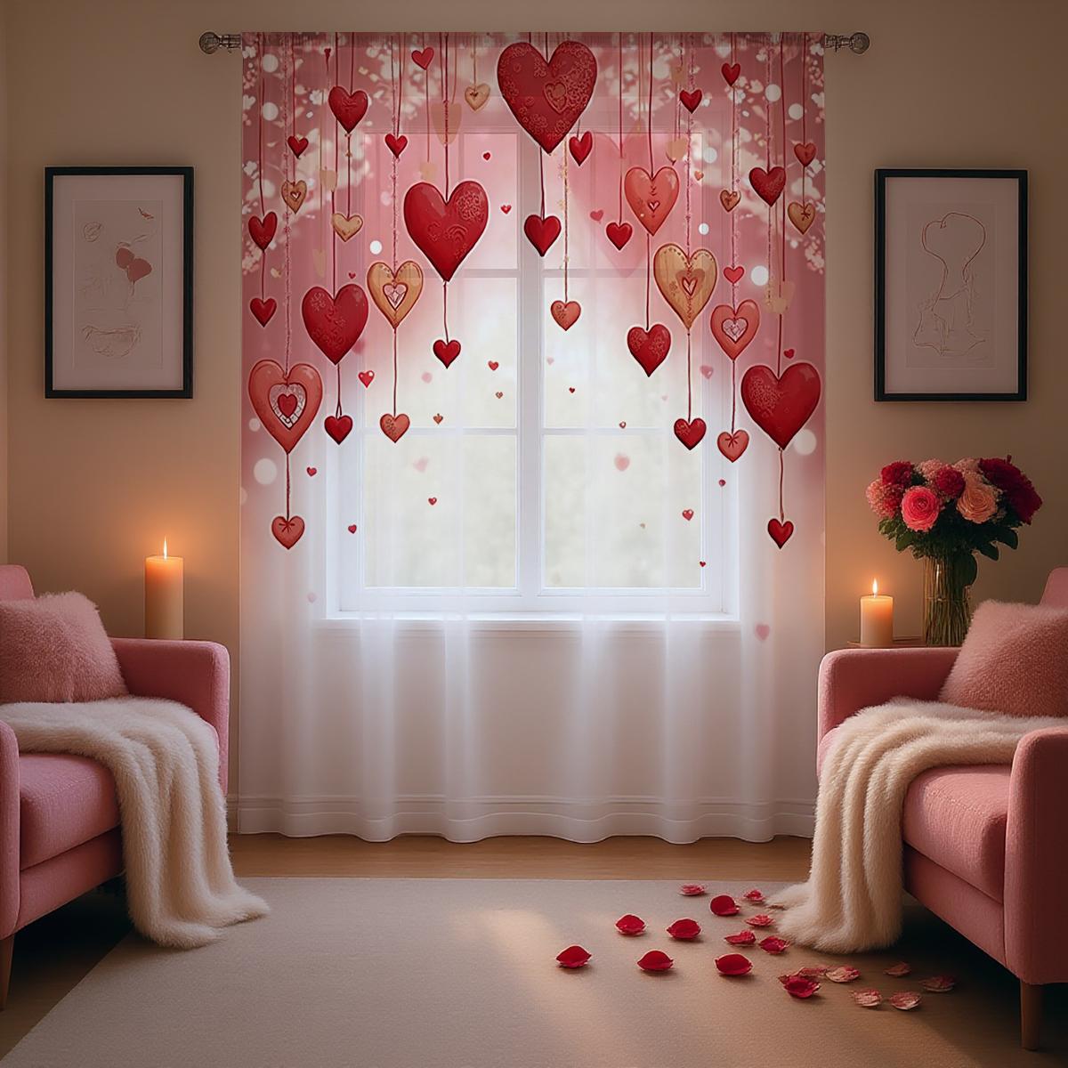

1PC Valentine s Sheer Curtain - Hanging Red Heart Pattern Pole Window Curtain for Romantic Bedroom Decor 100*130 Rod Pocket 1pcs