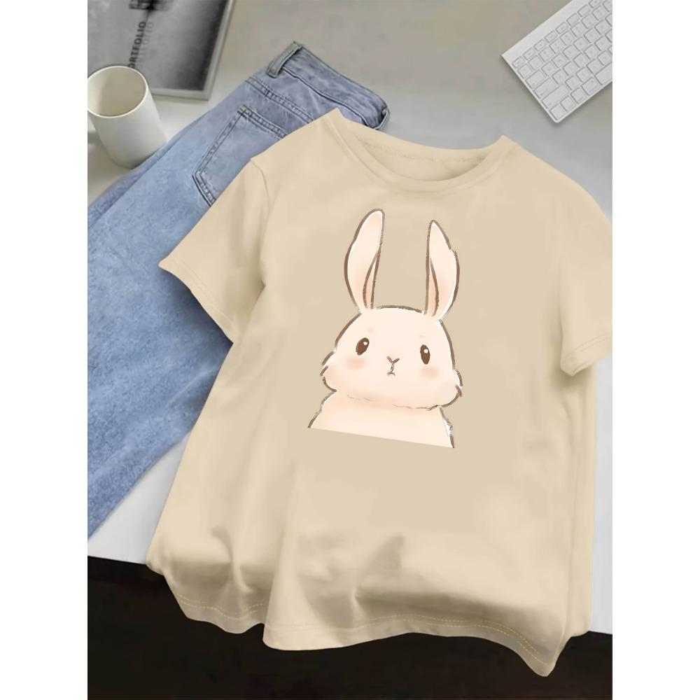 Women's Casual Short Sleeve T-Shirt with Cute Bunny Print Summer Short Sleeved Harajuku Streetwear Tops Tees