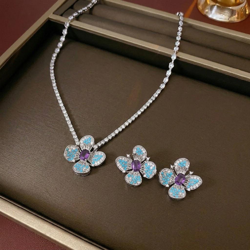 Zircon Four-Leaf Clover Earrings and Necklace Set - Court Style, New Trend with Temperament Clavicle Chain