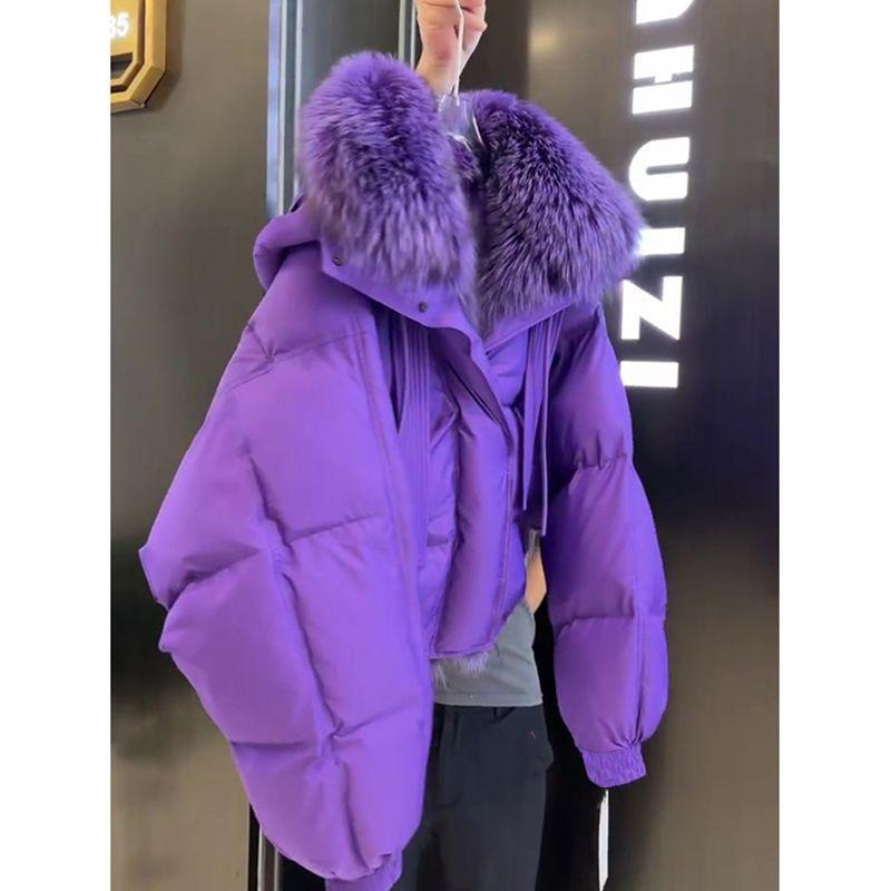 Winter Warm Purple Coat for Women Thick Faux Fur Collar Jacket Cold Weather