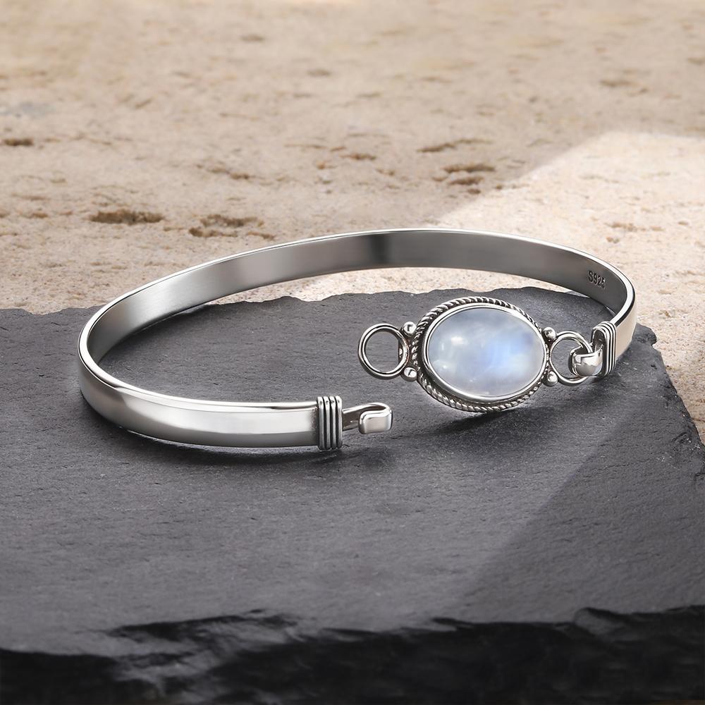 Bracciali Bangle in Argento 925 Vintage con Pietra di Luna Naturale Ovale Fatti a Mano Bracciali Pietra di Nascita Regali Gioielli Raffinati per Donne Uomini