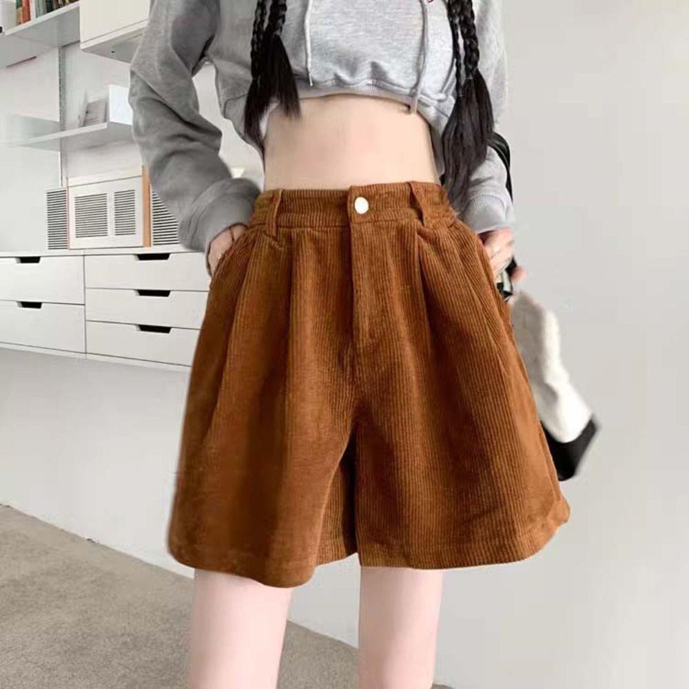 Elastic Women Corduroy Shorts Stripe Loose Streetwear Simple Wide Leg Short Pants  Daily
