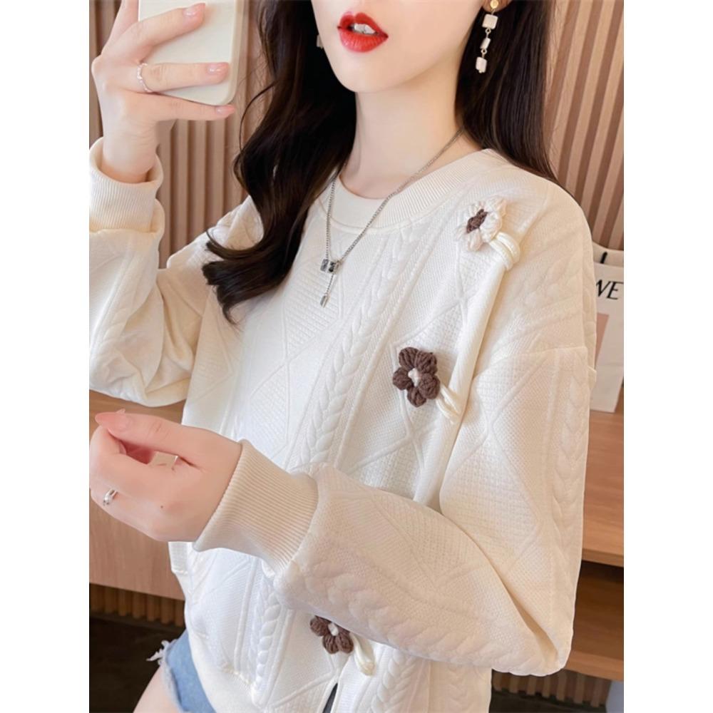 Early Autumn Round Neck Sweatshirt Women Spring and Autumn Korean Style Loose Thin Flower Splicing Retro Sweatshirt Pullover