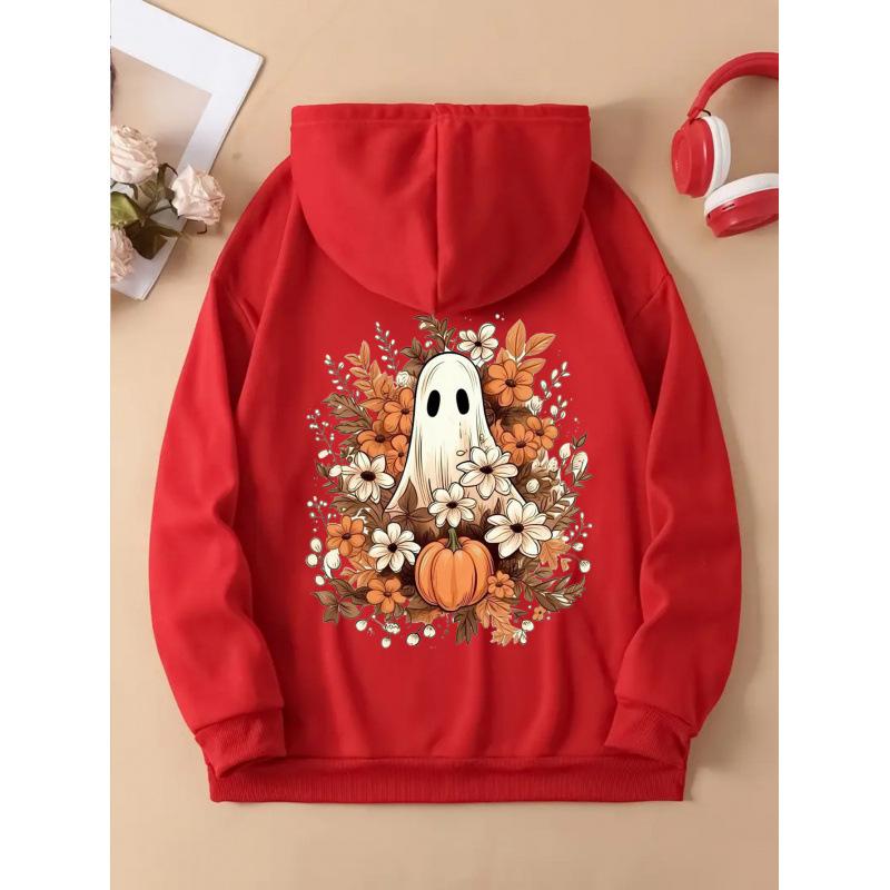 Ladies Spring Autumn Casual Hooded Long Sleeve Big Pocket Halloween Ghost Pumpkin Flower Printed Pullover Hoodies Sweatshirt Top