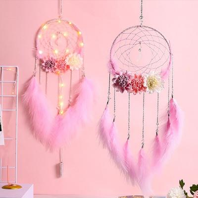 Wall Hanging Dream Catcher Pendant with Feathers with Flowers Feather Wind Chime with LED String Round Shape Night Light Home