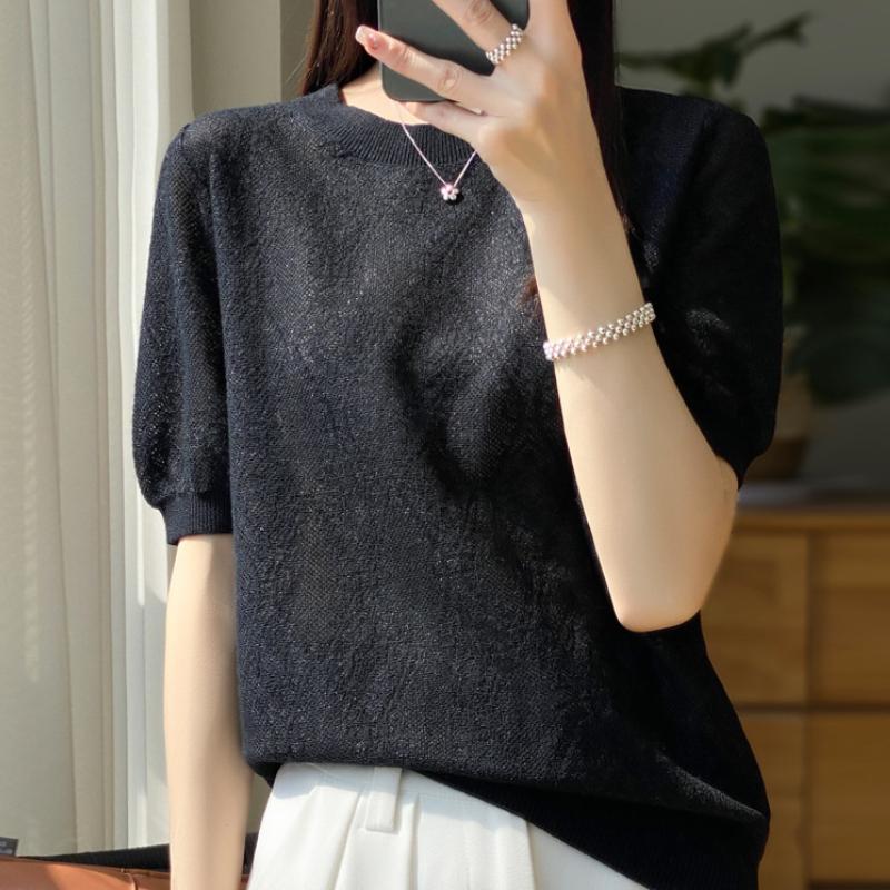 Round Neck Imitation Wool Short-sleeved T-shirt for Women In Summer Thin Loose Knitted Base Shirt Solid Color Half-sleeved Top