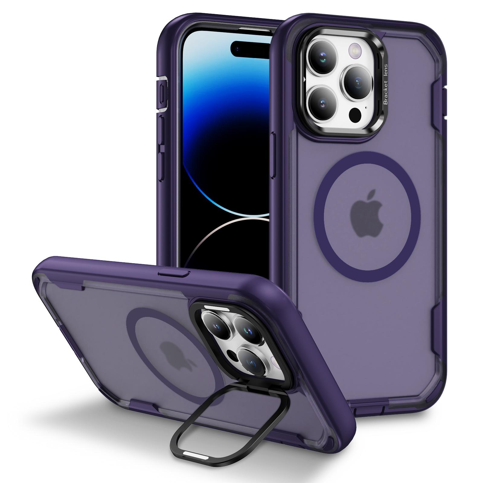 

For iPhone 14 Pro Case Compatible with MagSafe Lens Frame Kickstand TPU+PC Shockproof Phone Cover Purple Bright Purple