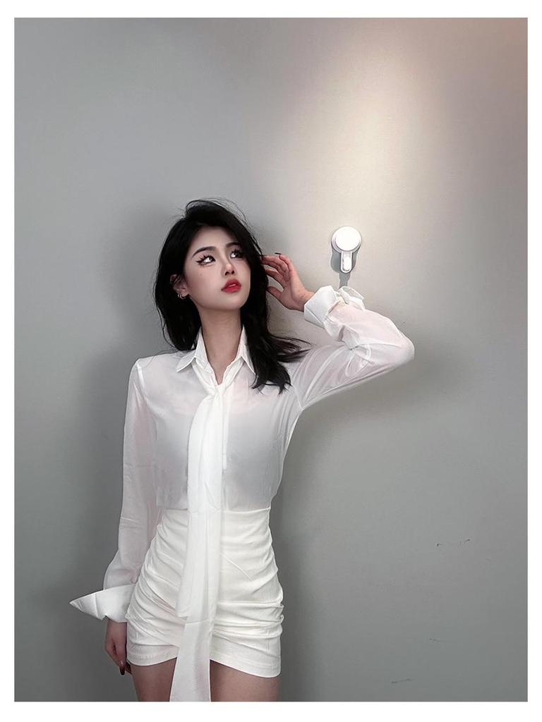 Korean Dongdaemun Gentle Sexy Feminine Ribbon Sheer Long Sleeve Shirt