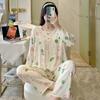 Yini shirt human cotton and silk long-sleeved pajamas women's explosive women's loungewear summer long-sleeved human cotton set clearance treatment