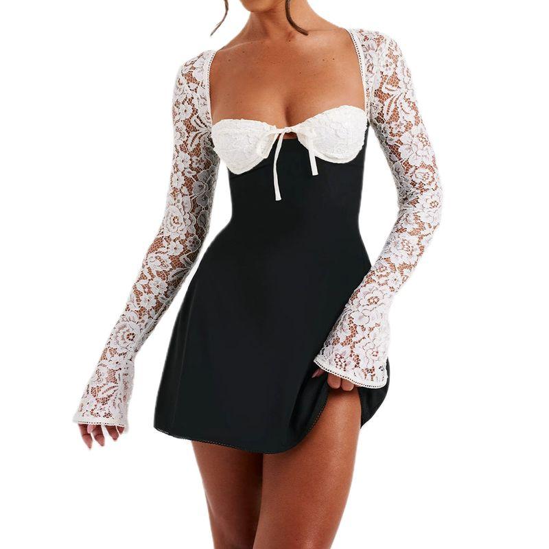 

Elsa Fashion New Arrival Ins Sexy Silm Sexy Hip Skirt Lace Long Sleeves Special-Interest Design Dress Women Black and white color matching M