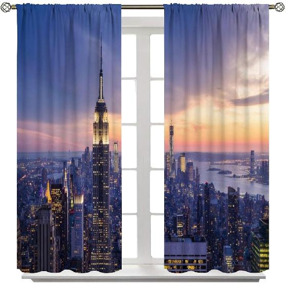 Modern Curtains, New York City Skyline with A Skyscrapers At The Night with Sunset American Urban Li for Living Rooms and Bedrooms Drapes 2 Panels