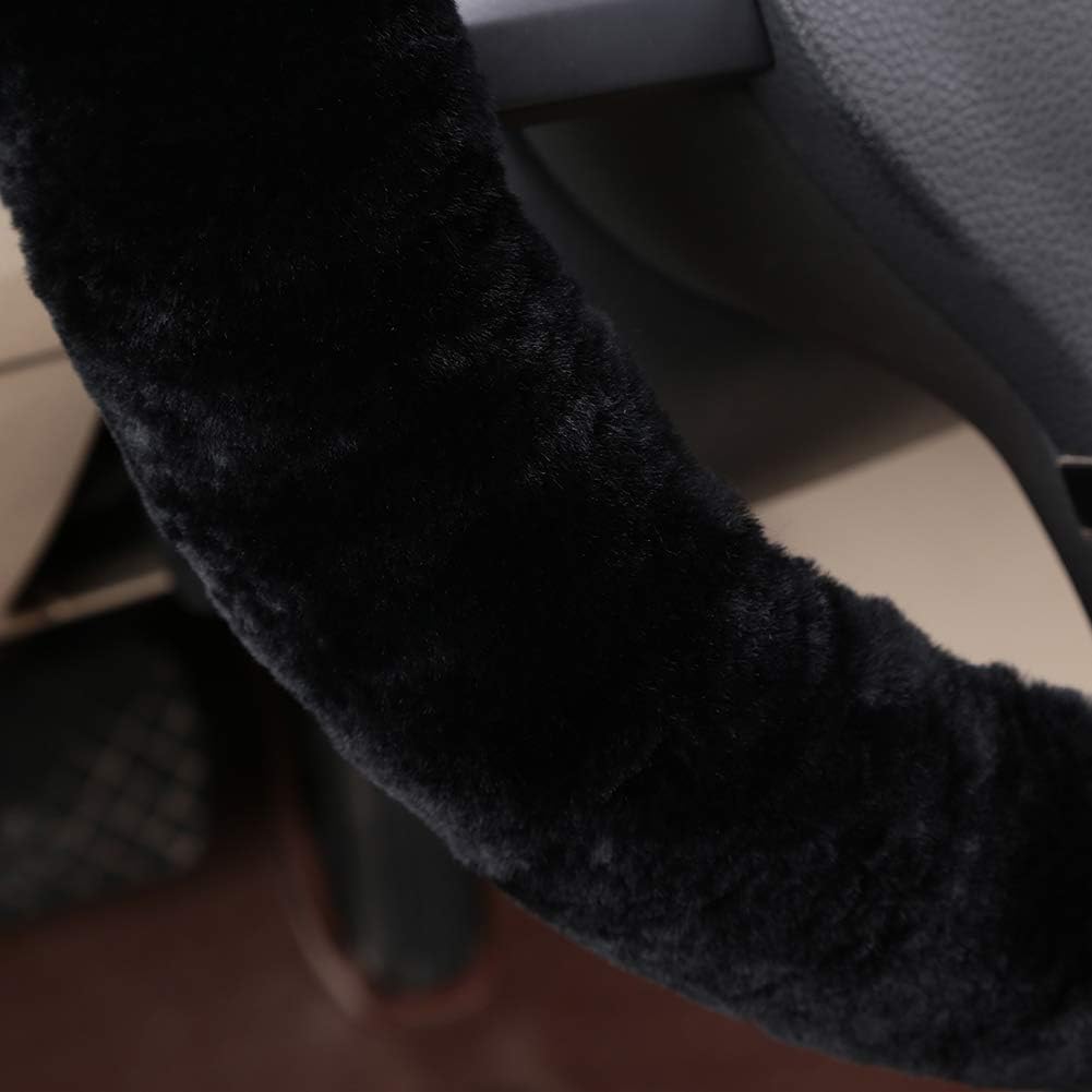 Fluffy Wool Sheepskin Fuzzy Black Car Steering Wheel Cover For Universal Auto Steering Wheel 14 1/2-15 1/2Inch, Anti-Slip, Soft Plush, Comforting And