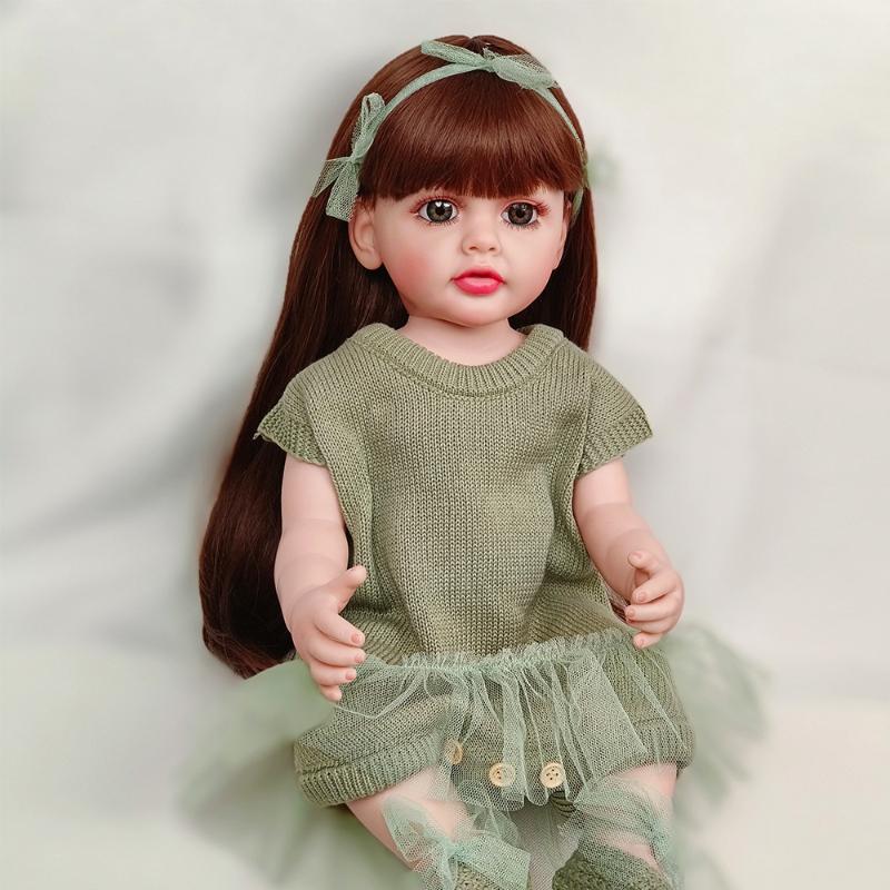 

Прекрасная кукла для новорожденных с длинными волосами, 22 дюйма, полностью силиконовое тело, кукла Bebe Reborn, одежда для маленьких девочек, зеленая марлевая юбка, может купаться, детская кукла, игрушка для товарища по играм Brown hair