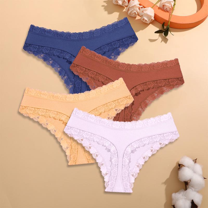 FINETOO S-XXL 4 Peças Algodão Renda Floral Roupa Íntima para Mulheres Calcinhas Sexy Listradas Cor Sólida Meninas Cintura Baixa Respirável Fio Dental Lingerie