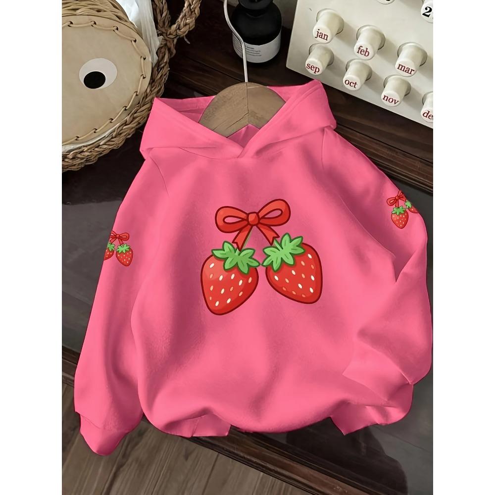 Kids' casual hoodie with a cute and sweet strawberry print, a versatile everyday style, suitable for children aged 3 and up.