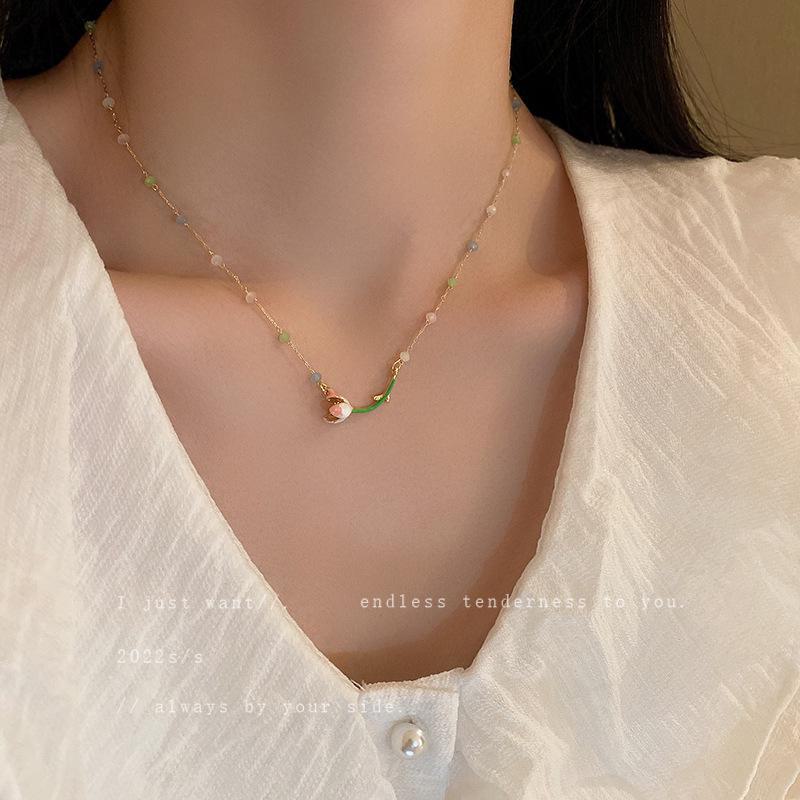 Colorful Crystal Bead & Pearl Tulip Necklace with Tassel Earrings Set