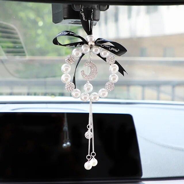 Diamond Pearl Car Pendant Cute Cartoon Heart Star Tassels Rearview Mirror Ornaments Rhinestone Woman Car Decro Accessories